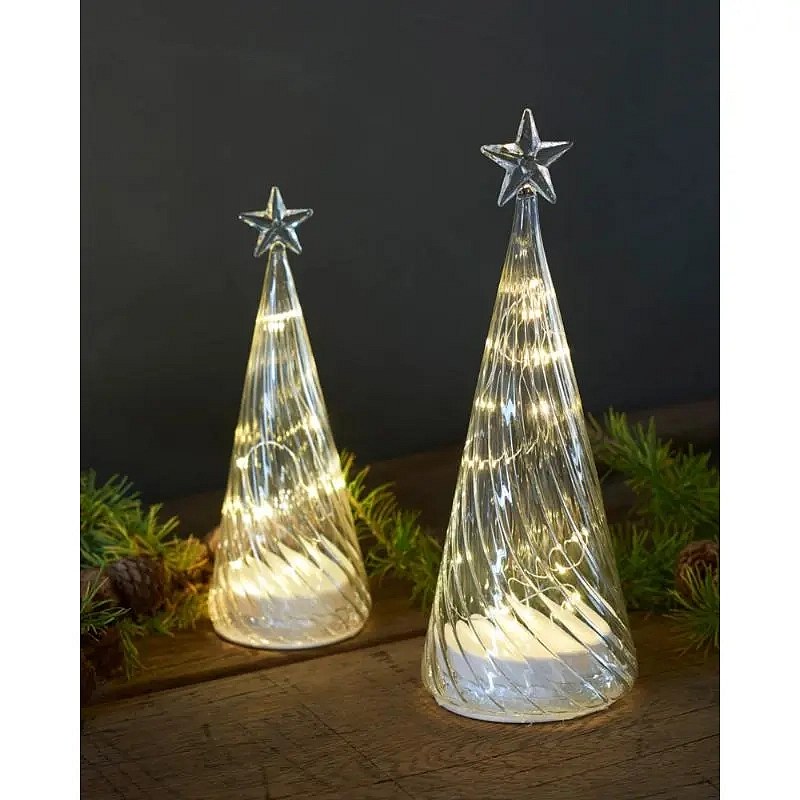 LED světelný stromeček skleněný, čirý, 26 cm, s hvězdou