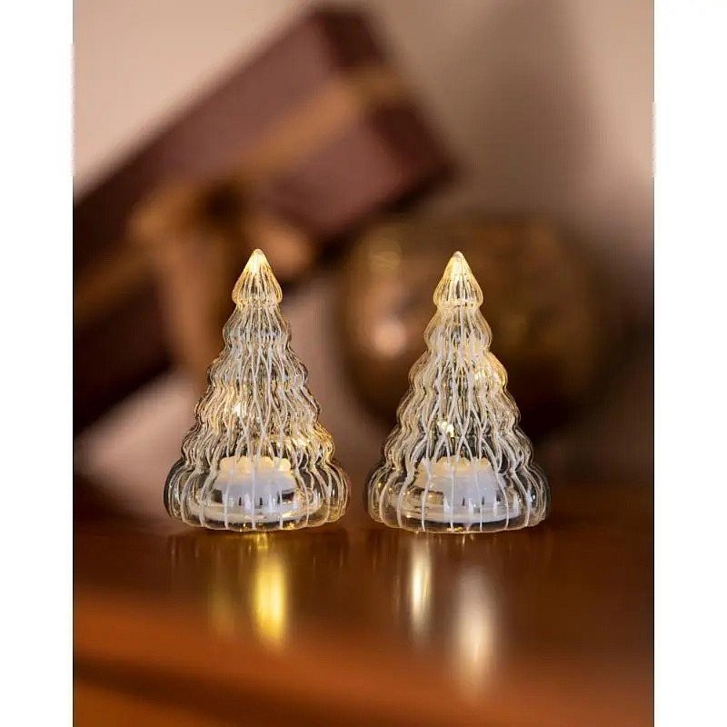 LED světelný stromeček, skleněný, sada 2 kusy, čirý, 9 cm, s hvězdou