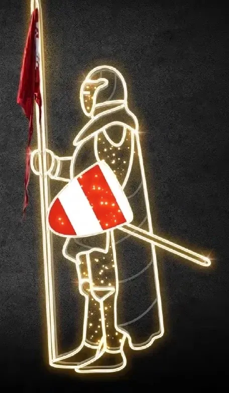 2D LED světelný rytíř VII, 245 x 110 cm, teple bílá, 36 V, 26,5 W, 10 kg, 4 díly, štít v levé ruce, stojící