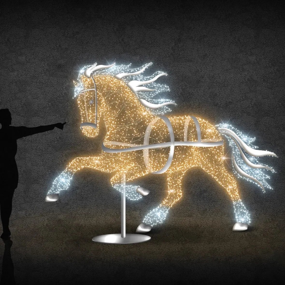 3D LED světelný kůň, 310 × 230 × 80 cm, teple a ledově bílá, 36 V, 46 W, 45 kg, 3 díly