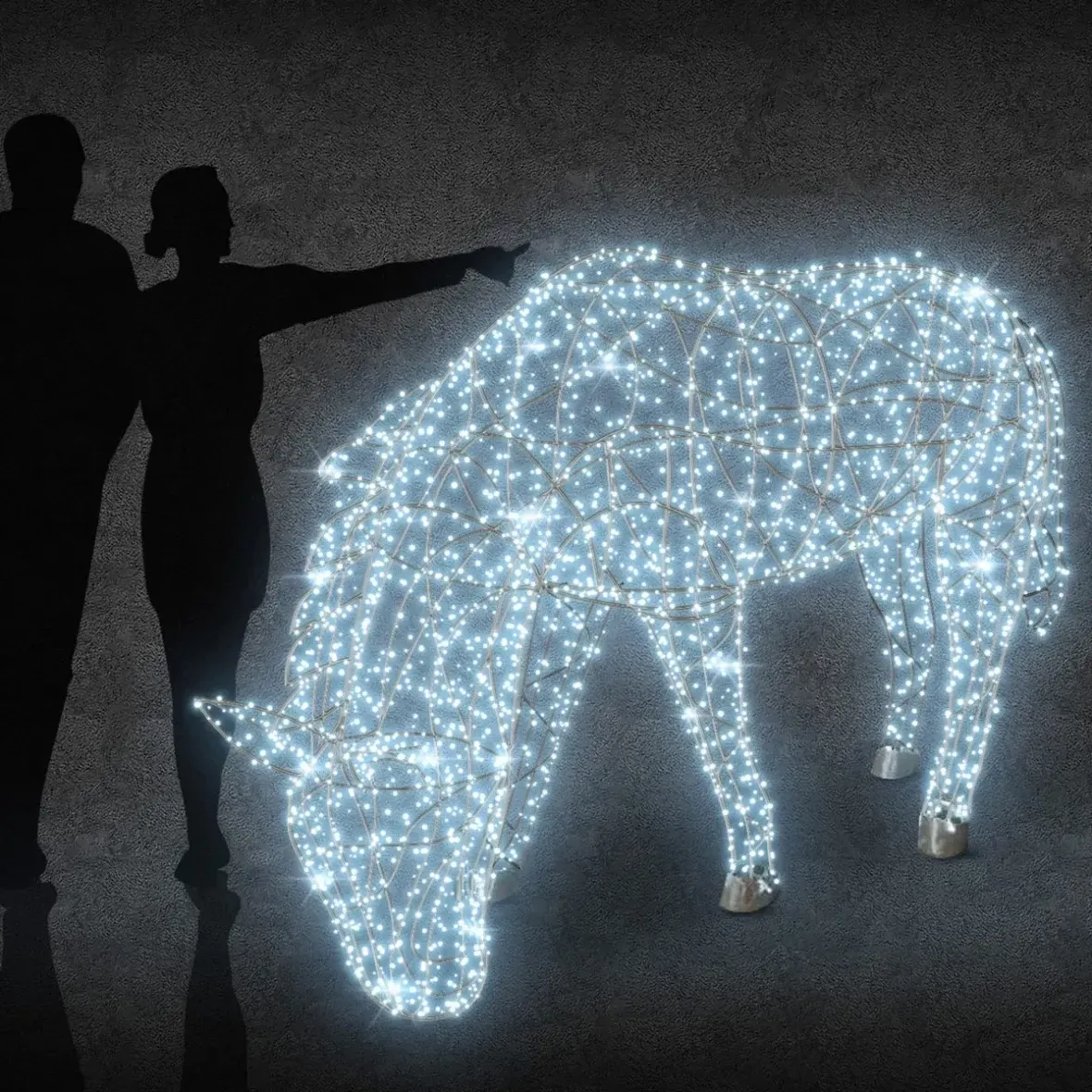 3D LED světelný kůň se skloněnou hlavou, 250 × 160 × 60 cm, ledově bílá, 36 V, 33,4 W, 25 kg, 2 díly