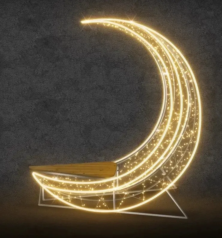 LED světelná lavička ve tvaru měcíce, 200 x 194 x 80 cm teple bílá, 230V, 99,9 W, 29 kg