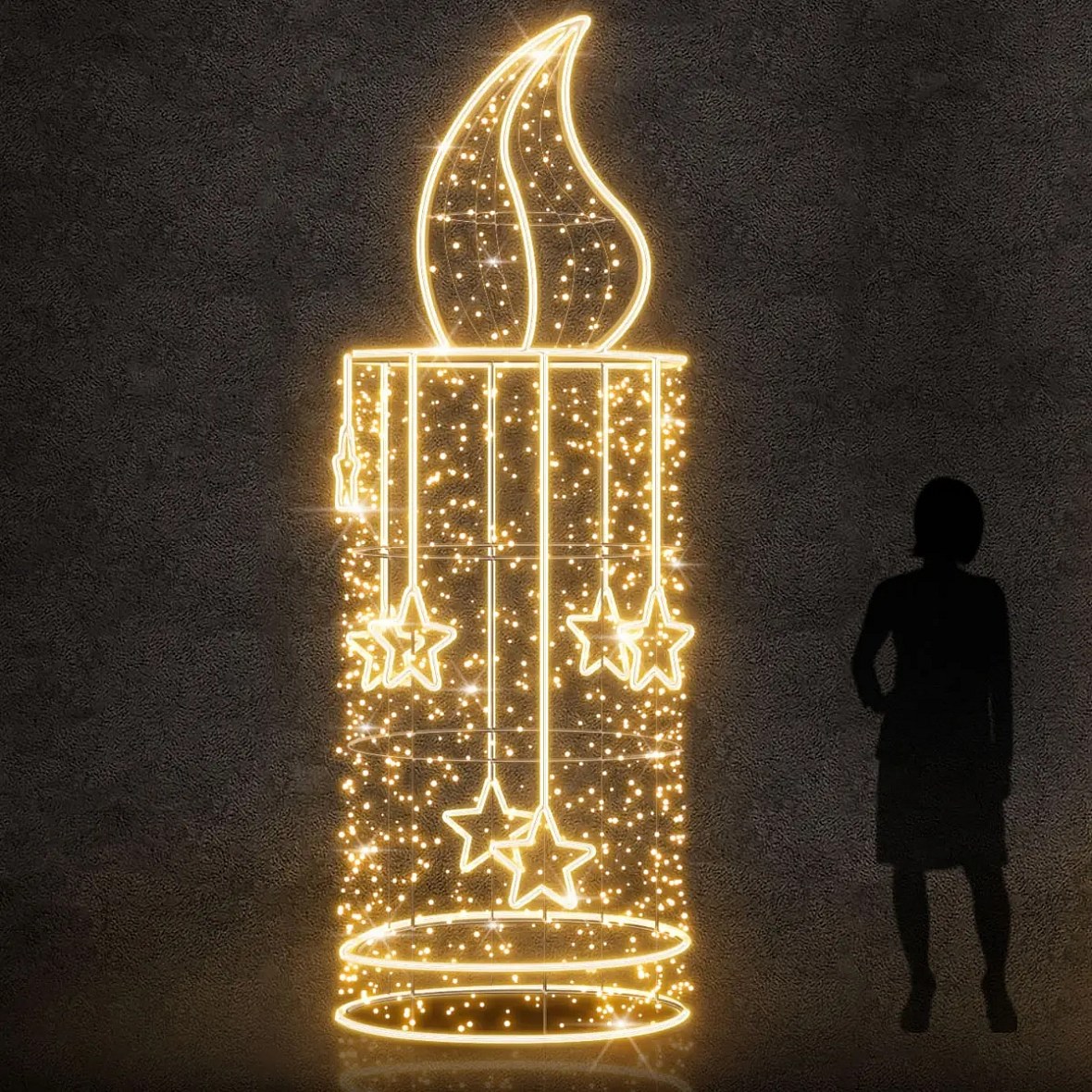 3D LED světelná svíčka, 95 × 300 × 95 cm, teple bílá, 2436 V, 73,5 W, 26,6 kg, ze 2 dílů