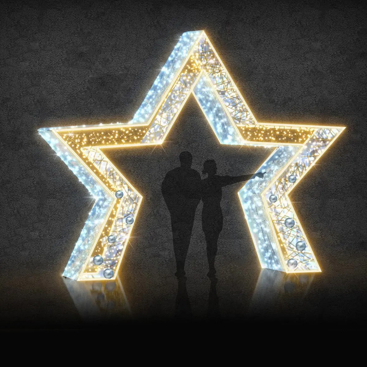 3D LED světelná hvězda, 450 × 370 × 70 cm, teple a ledově bílá , 36V, 108 W, 76,4 kg, ze 2 dílů