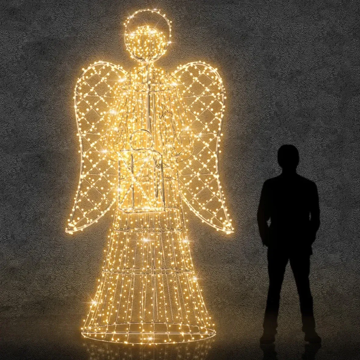 3D LED světelný anděl s lucernou, 300 cm, teple bílá, s krystaly, z 5 dílů