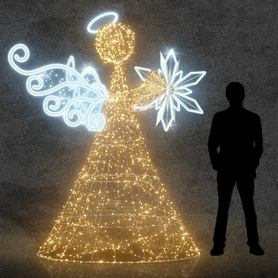 3D LED světelný anděl s hvězdou, 250 cm, teple a ledově bílá