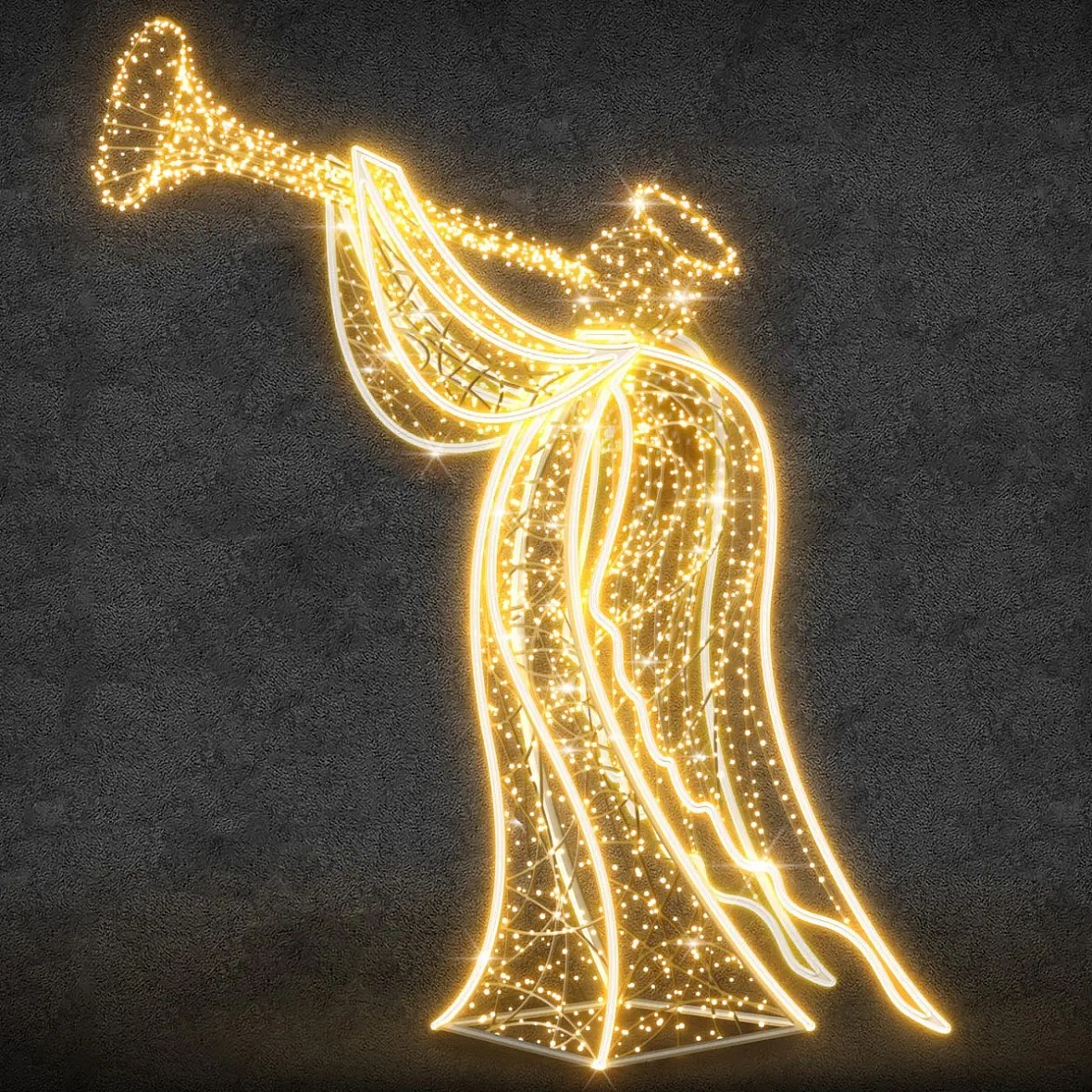 3D LED světelný anděl s trumpetou, 165 × 280 × 70 cm, teple bílá, 36 V, 62 W, 30,6 kg, z 5 dílů