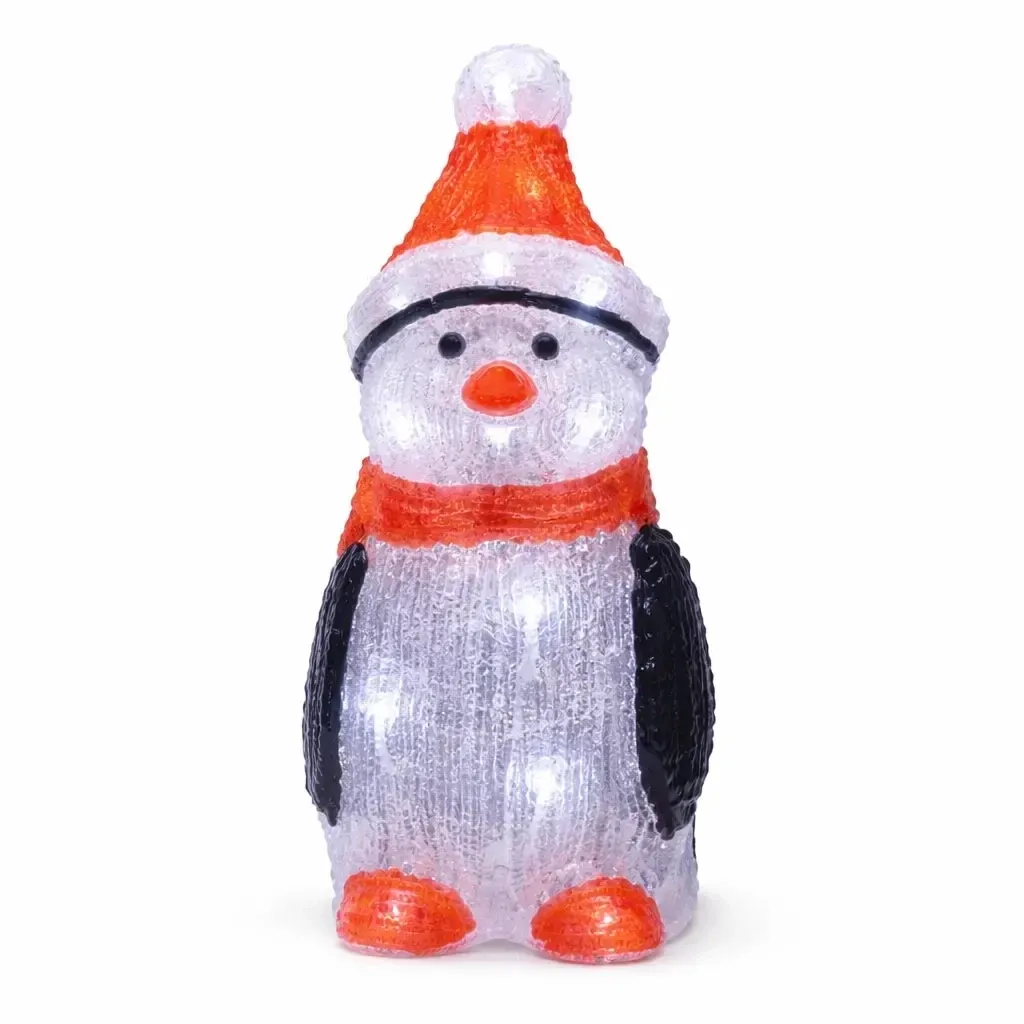 3D LED svítící tučňák 36 cm, s časovačem, ledově bílá, akryl, IP44 venkovní, vč