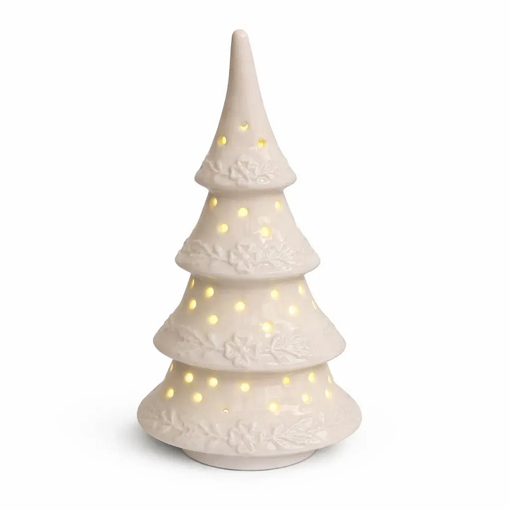 LED dekorace keramický stromeček 11,4 × 8,5 × 23 cm, teple bílá, 2× LR44