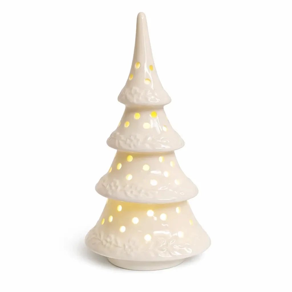 LED svítící stromeček keramický, 9 × 7,4 × 17,8 cm, teple bílá, 2× LR44