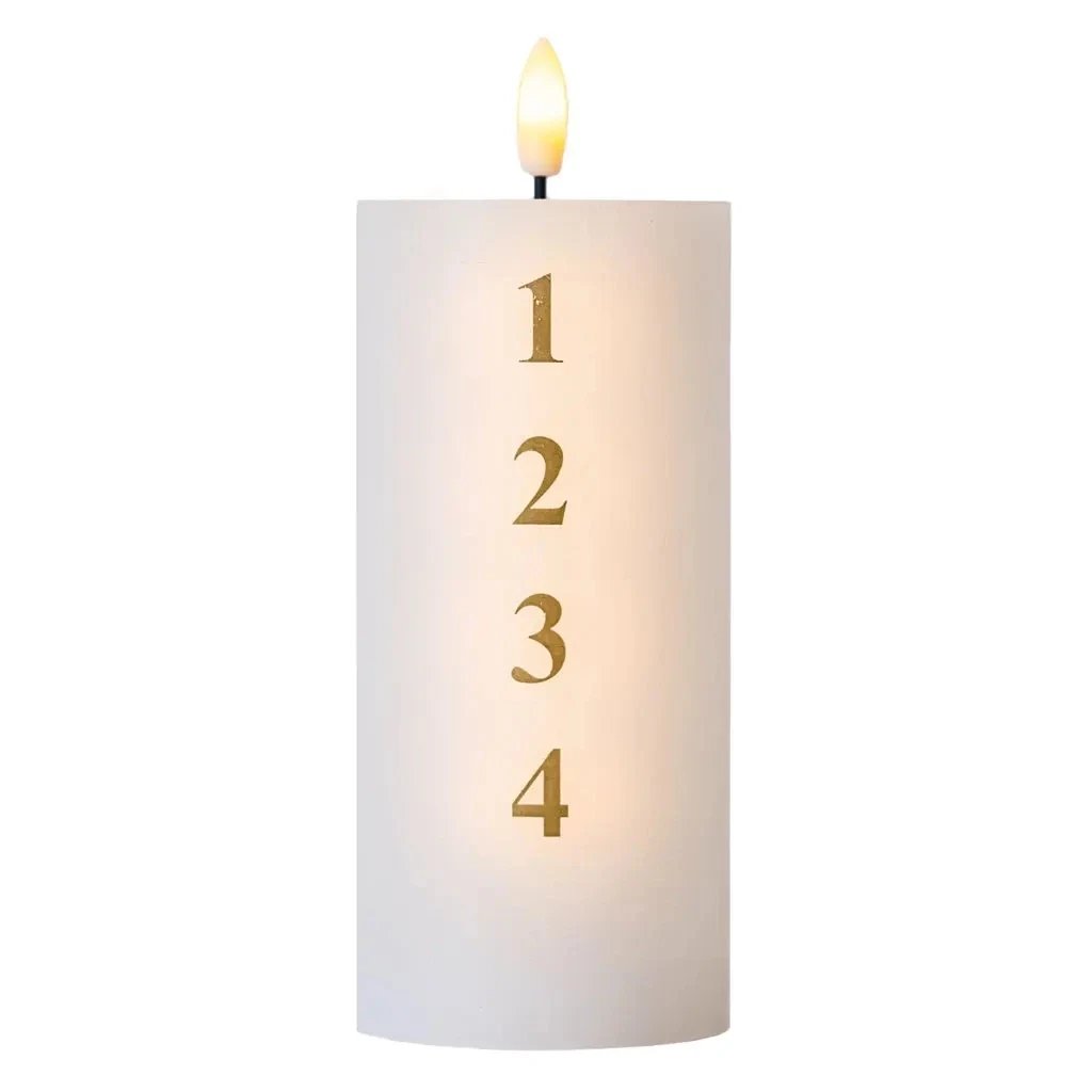 LED svíčka na baterie vosková Sille adventní s čísly, Ø 7 × 15 cm, bílázlatá