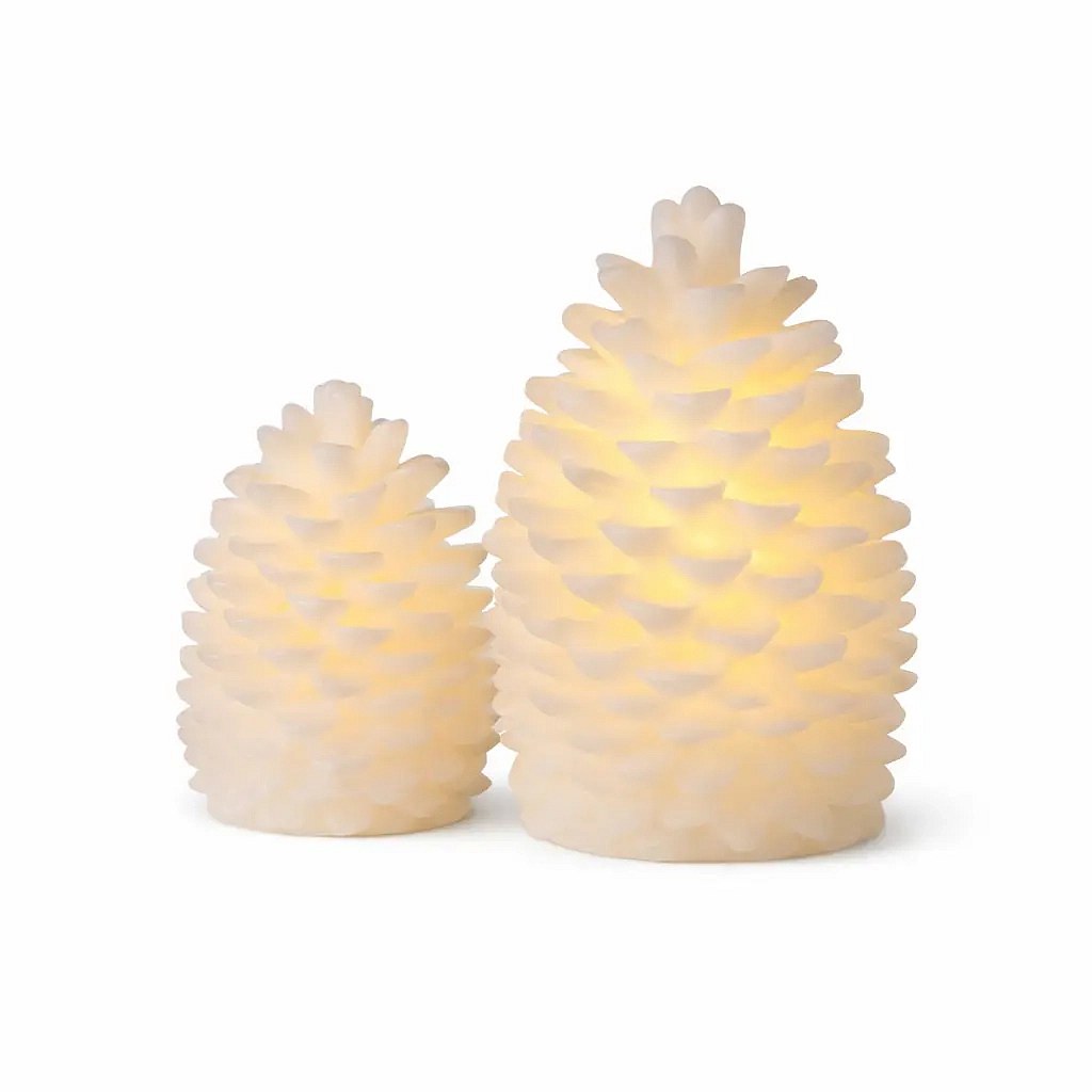 LED svíčky z pravého vosku na baterie šišky, 13 a 18,5 cm, sada 2 ks, bílé, CR2032 a AA