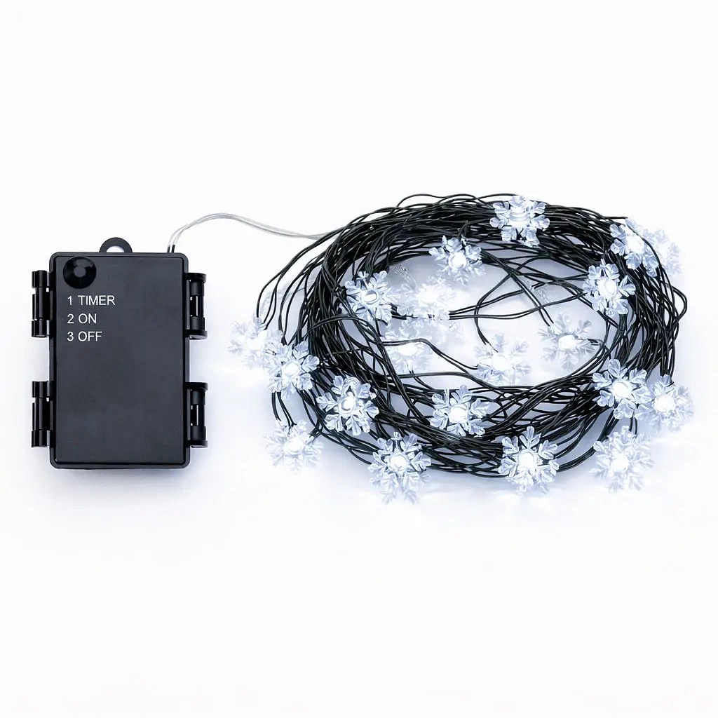 LED světelný řetěz na baterie vločky, ledově bílá, 50 diod, 5,3 m, IP44, 3× AA