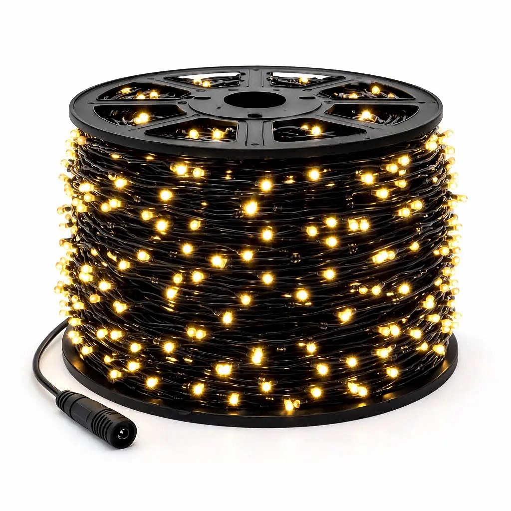LED světelný řetěz 100 m, 36 V, 600 diod, teple bílá, černý kabel IP67, Eco Fix