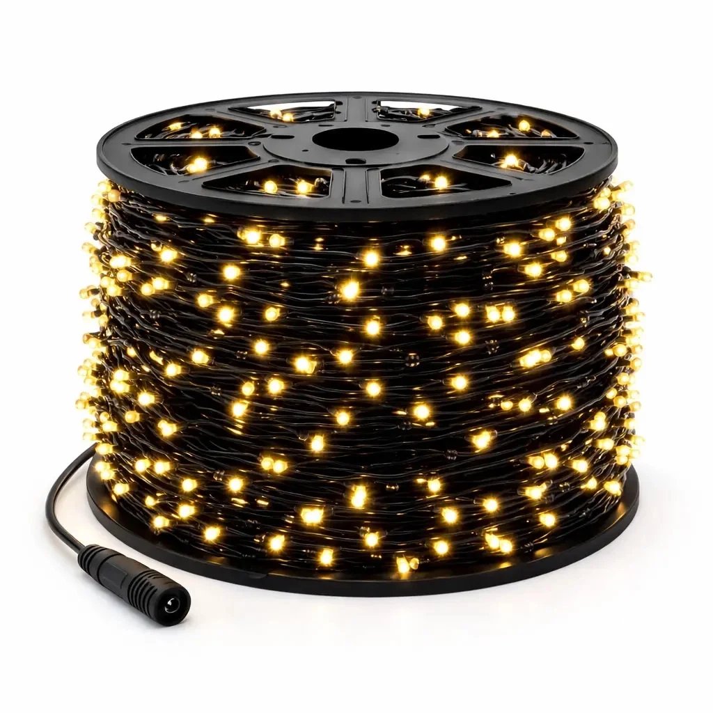 LED světelný řetěz 100 m, 36 V, 600 diod, teple bílá, černý kabel IP67, Eco Fix