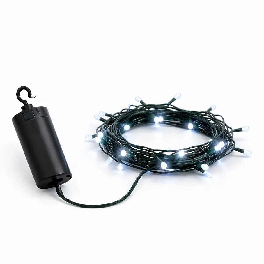 LED světýlka na baterie 2,2 m venkovní, ledově bílá, 20 diod, zelený kabel IP44, ovladač
