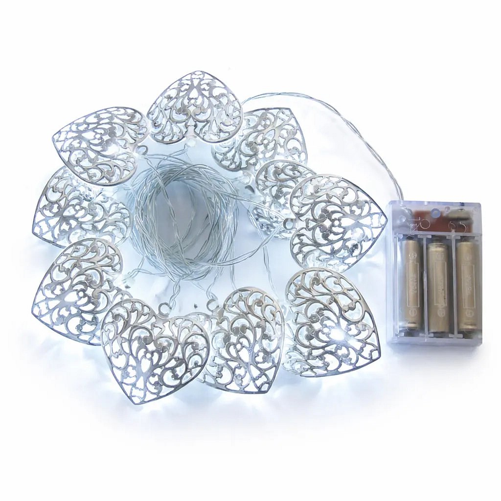 LED světýlka na baterie 2,5 m kovová srdce vintage, ledově bílá, 10 diod, čirý kabel IP20, 2× AA