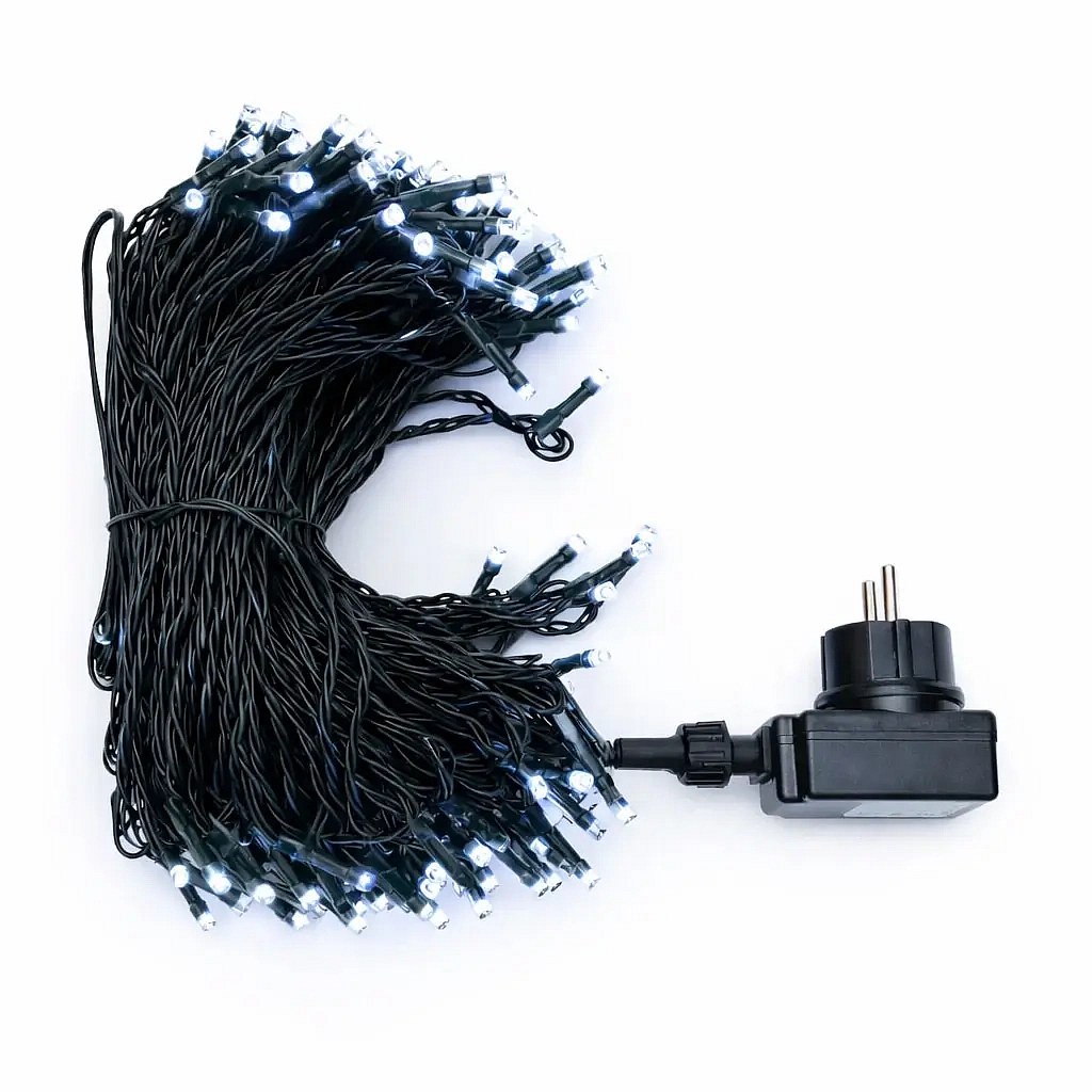 LED světelný řetěz venkovní 40 m ledově bílá, 200 diod, černý kabel IP44, vč