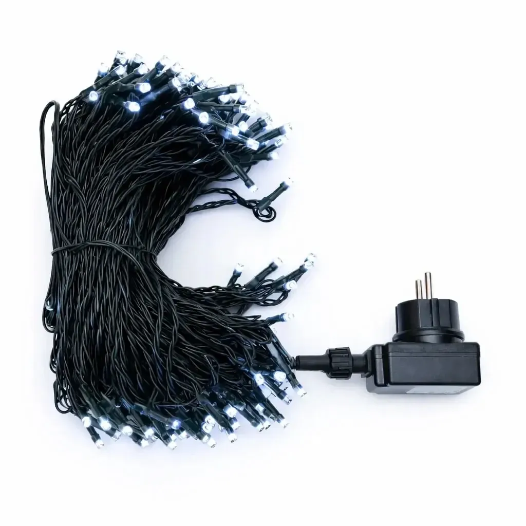 LED světelný řetěz venkovní 40 m ledově bílá, 200 diod, černý kabel IP44, vč