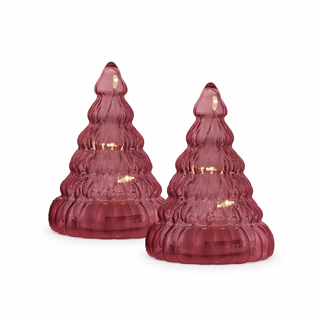 LED svítící stromeček skleněný, skleněný, sada 2 kusy, vínová, 9 cm