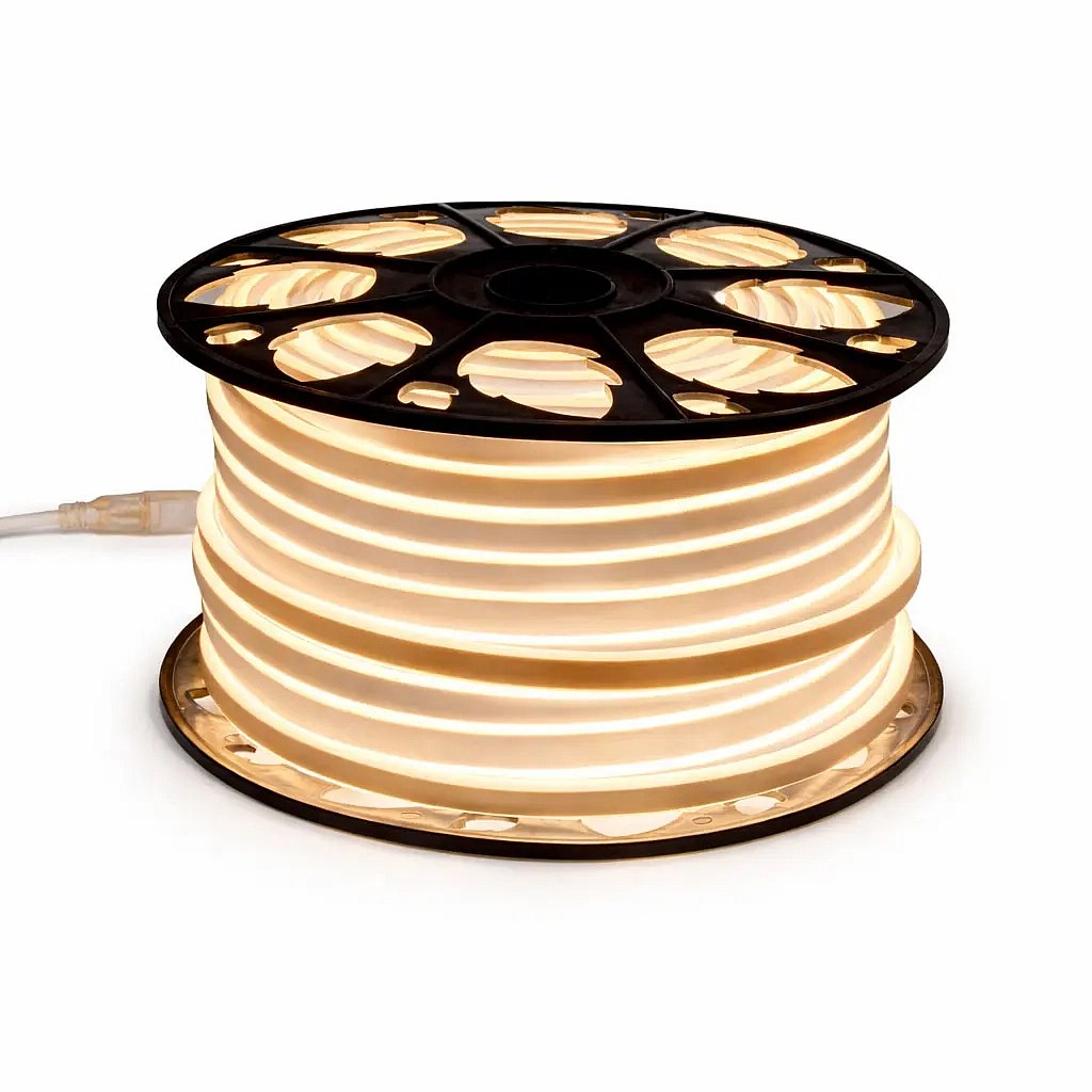 Easy Fix LED Neon hadice venkovní 50 m D-TYP dvoustranný teple bílá, 3000 diod, bílý kabel IP44, cívka