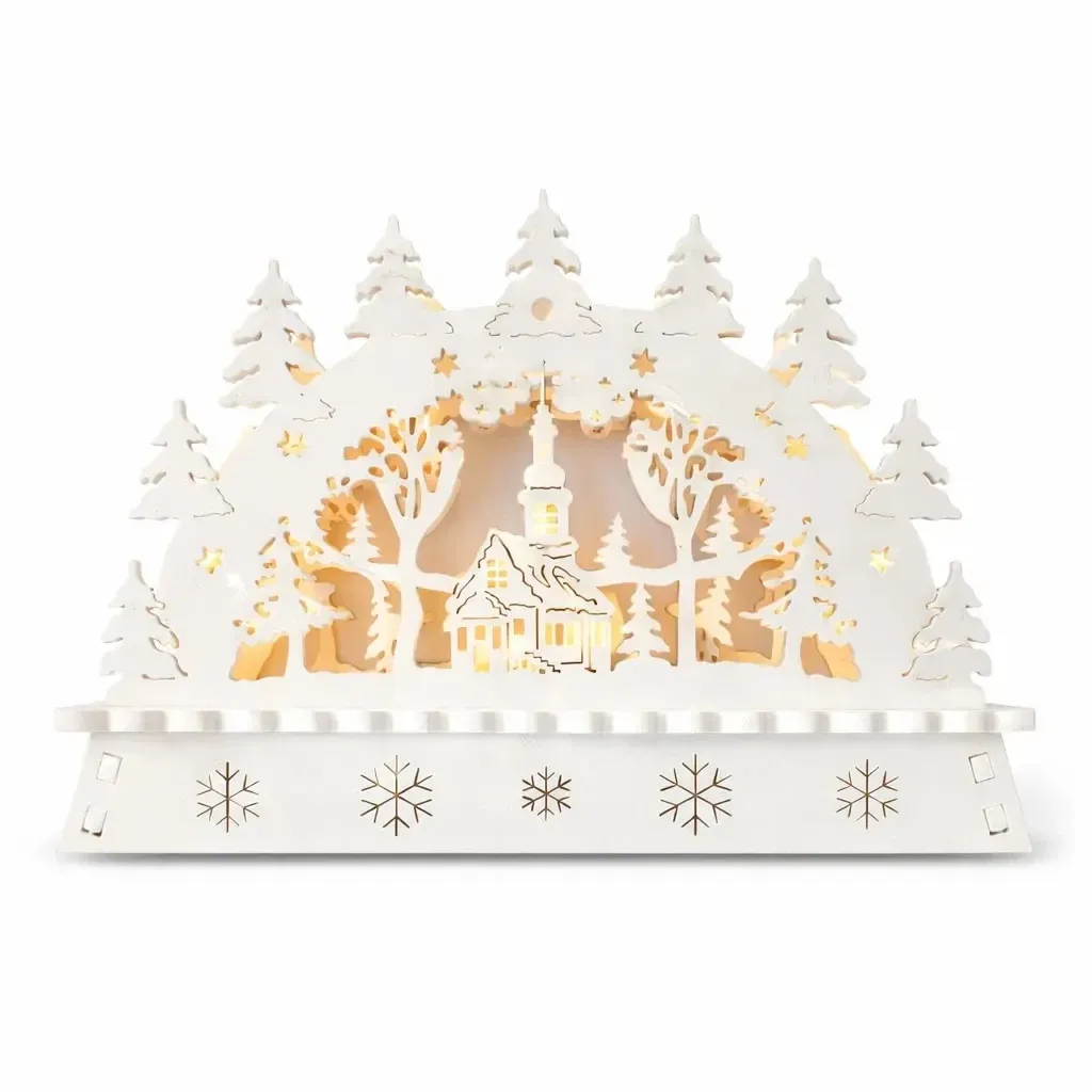 LED vánoční svícen do okna na baterie kostel dřevěný, 15 × 11 × 5 cm, teple bílá, 2× AA