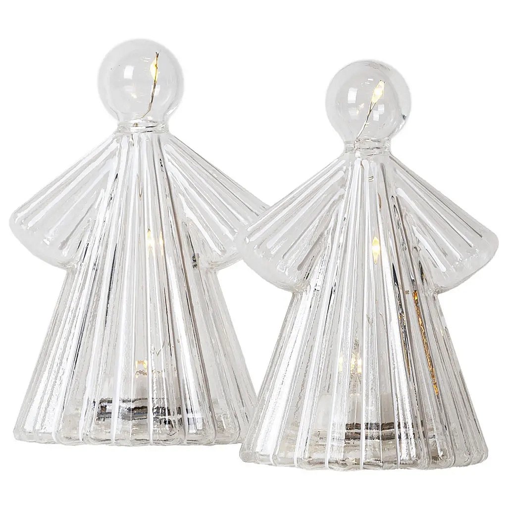 LED svítící anděl skleněný, čirý, 10 cm, sada 2 kusy