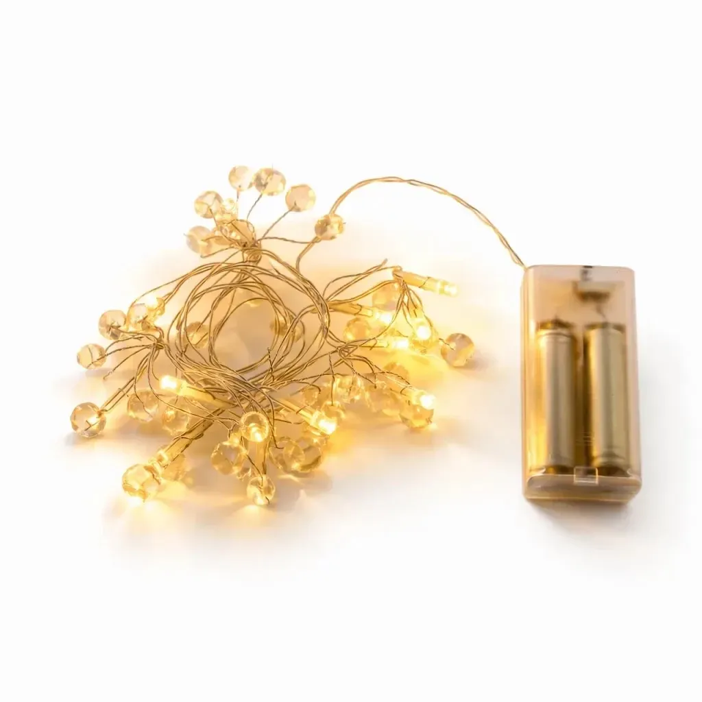 LED světýlka na baterie 1,3 m krystalky, teple bílá, 10 diod, čirý kabel IP20 interiér, 2× AA