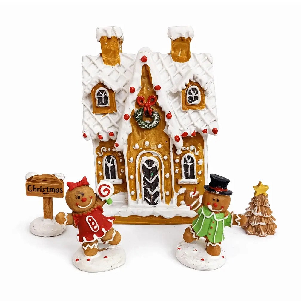 Dekorace perníková chaloupka a perníčky 20,3 × 17,4 × 7,5 cm, IP20, polyresin umělá pryskyřice
