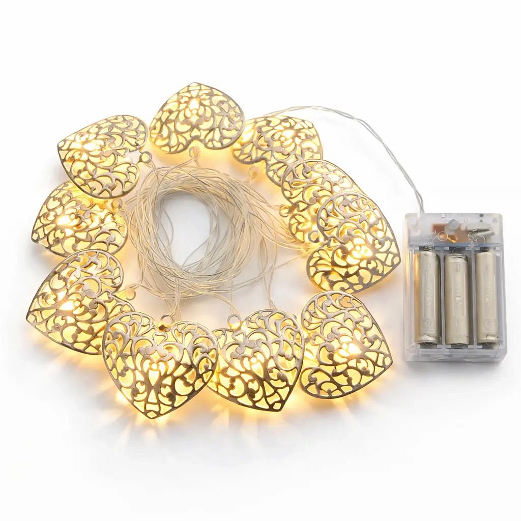 LED světýlka na baterie 2,5 m kovová srdce vintage, teple bílá, 10 diod, čirý kabel IP20, 2× AA