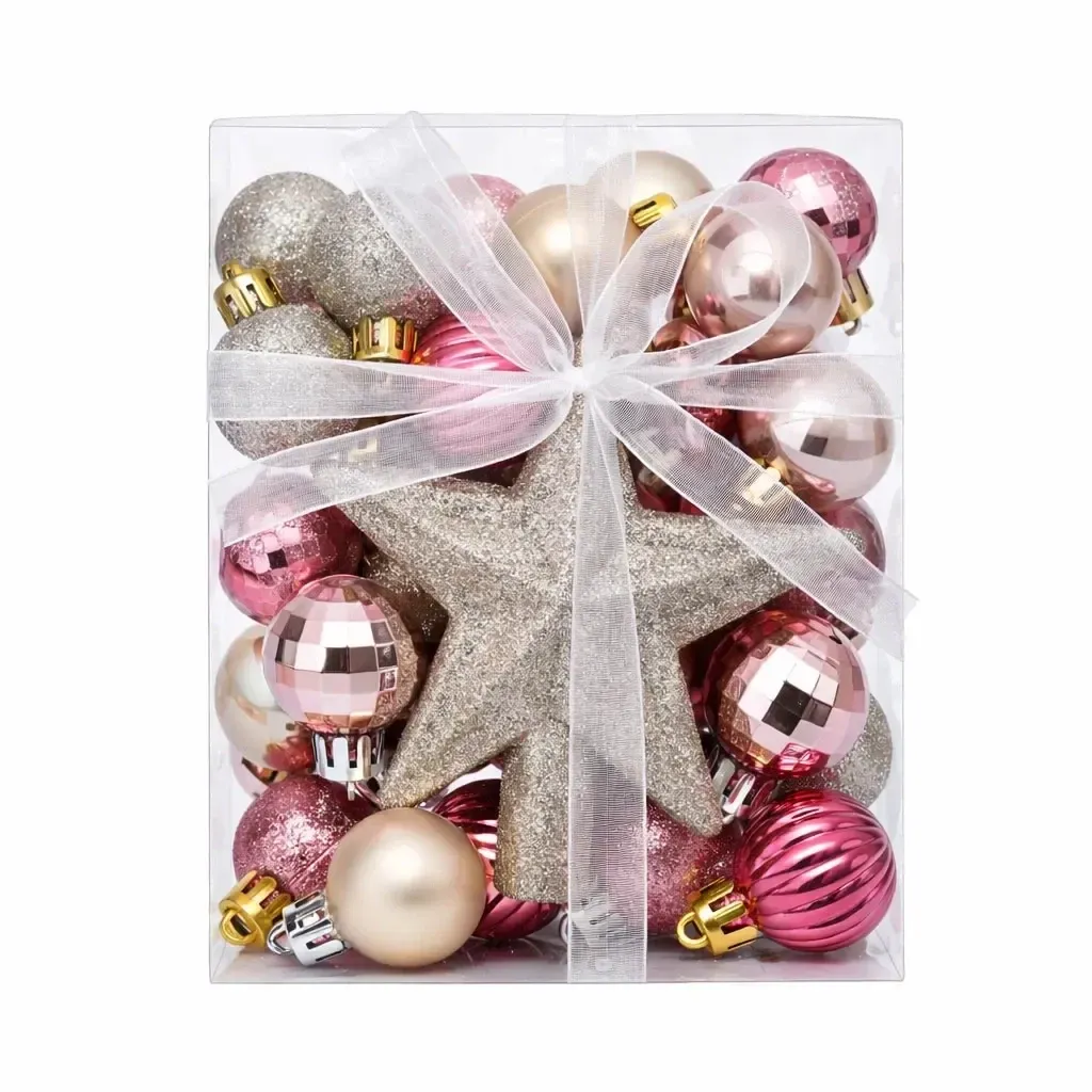 Sada vánočních ozdob růžová a stříbrná 3 cm baňky, 1× glitter špice, 14× růžová 14× stříbrná, plastové IP44, balení 29 ks