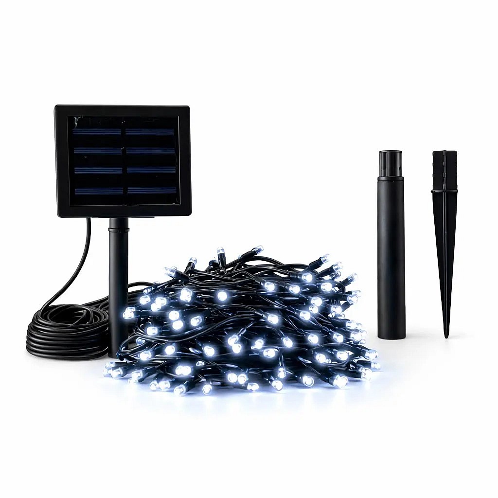 LED venkovní solární světýlka na zahradu 20 m, ledově bílá, 200 diod, černý kabel IP44, solární panel