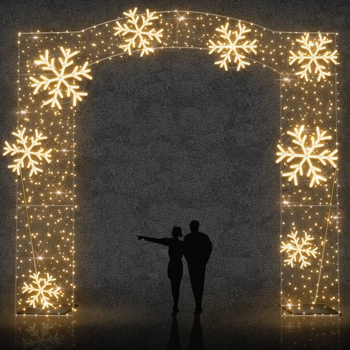 Easy Fix 2D LED světelná brána 8 vloček DZ153W, stojící, 585 × 550 cm, teple bílá, hliník