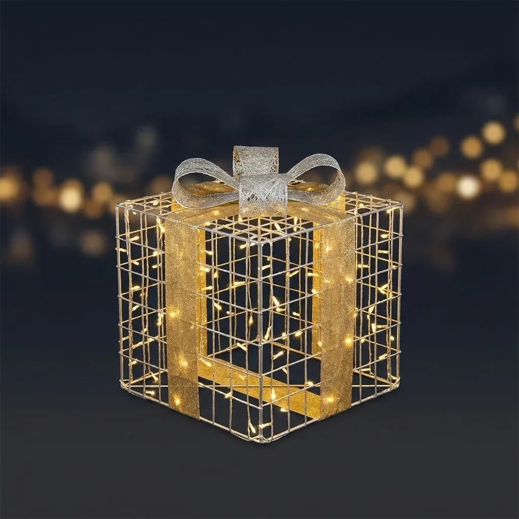 3D LED light gift with bow, v1, 80 × 90 cm, warm white, aluminium