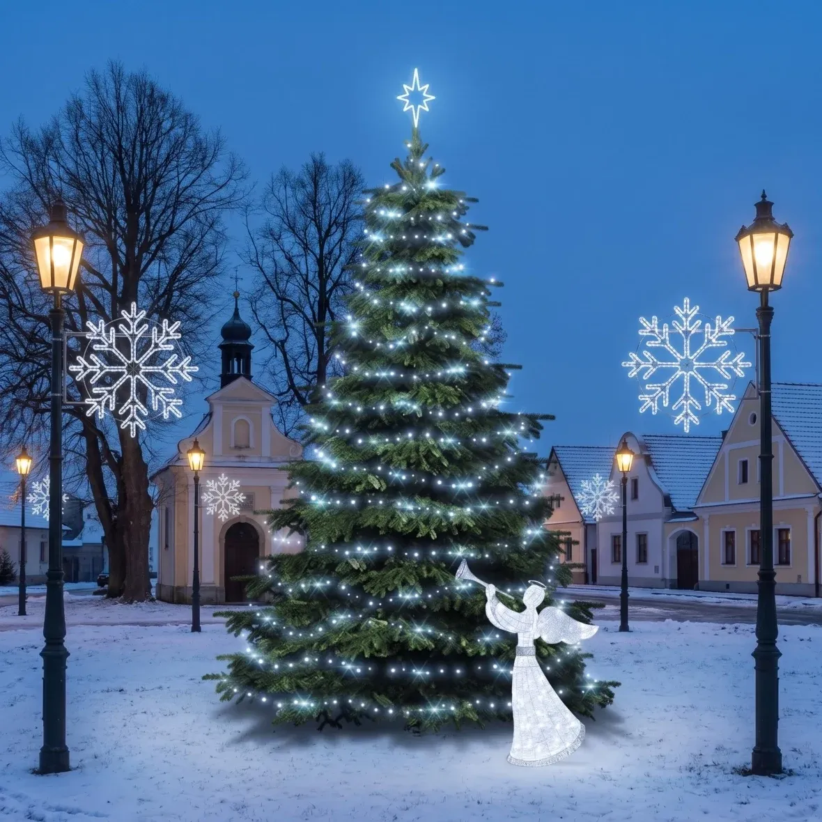 Vánoční sada pro obce Ledová vločka II, strom 6–8 m Flash, 7× vločka II na veřejné osvětlení, 3D LED anděl 122 cm, ledová bílá