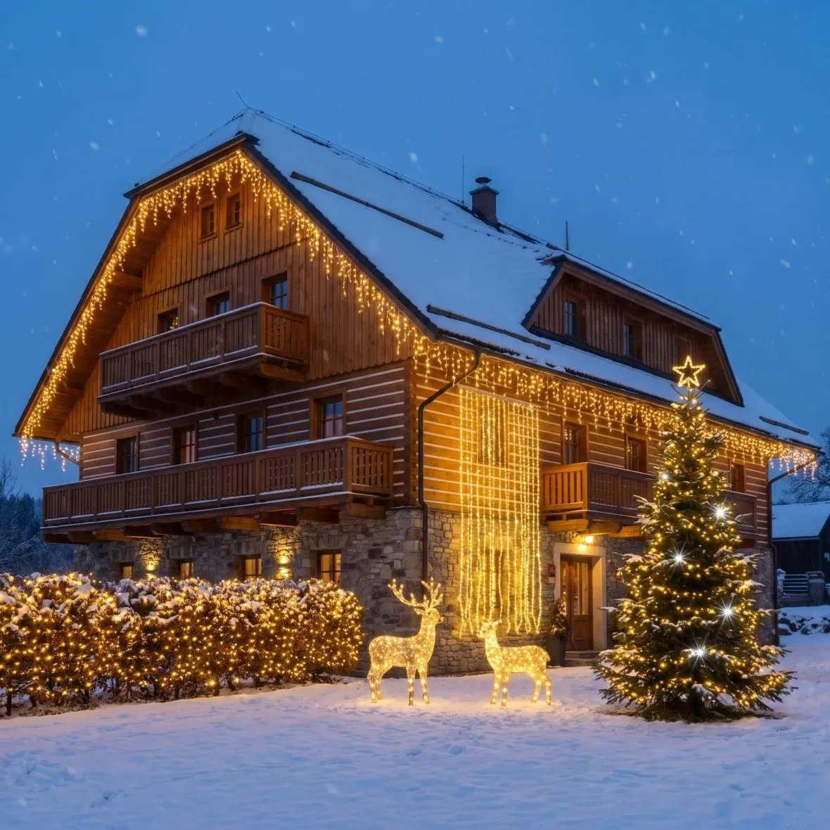 Vánoční sada pro hotely Resort Flash, strom 6–8 m Flash, 12× krápníky 3 m Flash, 3D LED jelen a laň 150 cm, teplá bílá s Flash