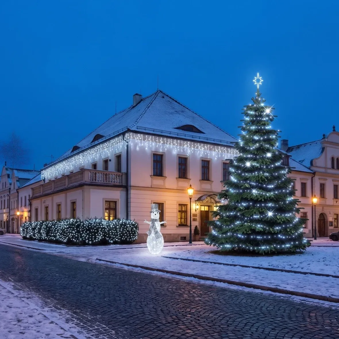 Vánoční sada Ledová velká fasáda pro hotely, hotel na náměstí s podloubím