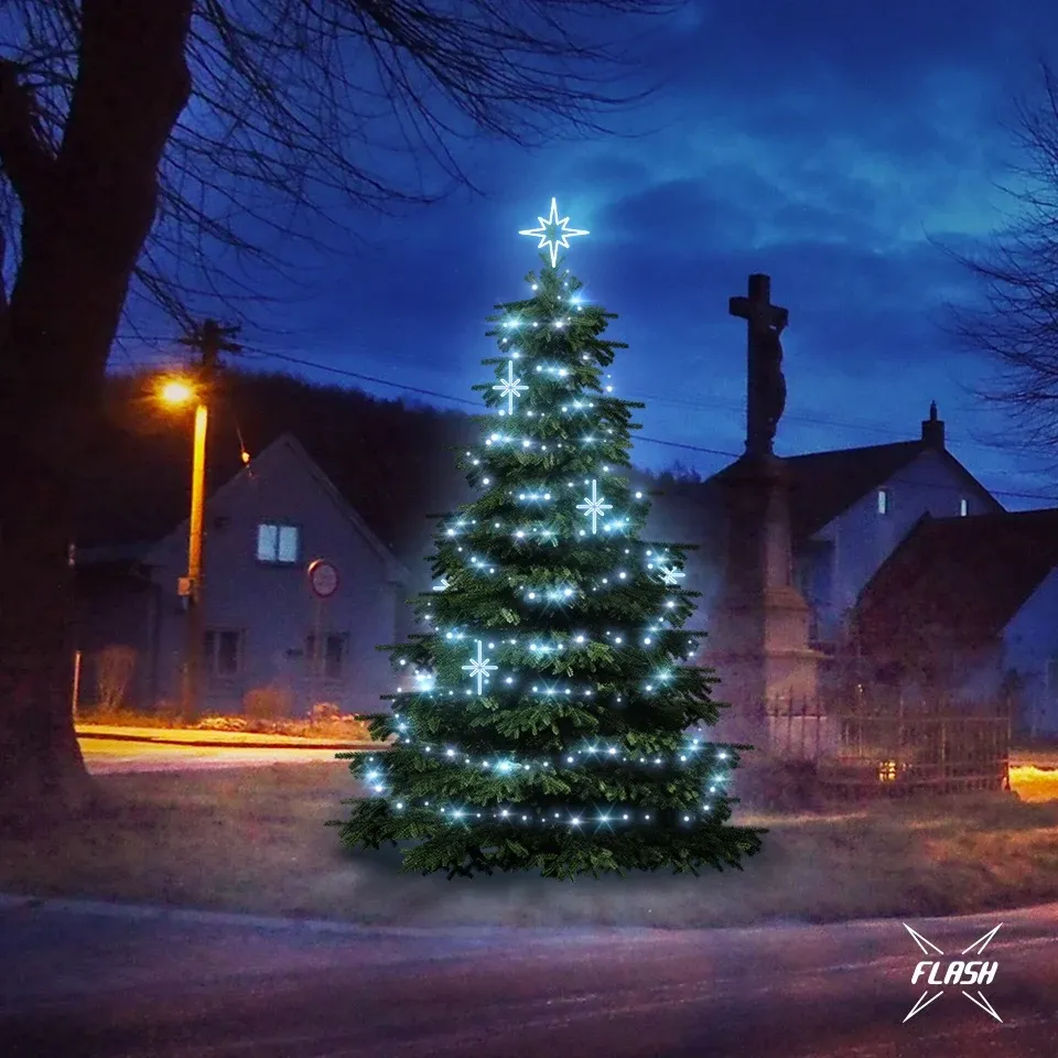 LED-es fénydíszlet 3–5 m magas fákhoz, jégfehér, villogó, DZ113S2 díszekkel
