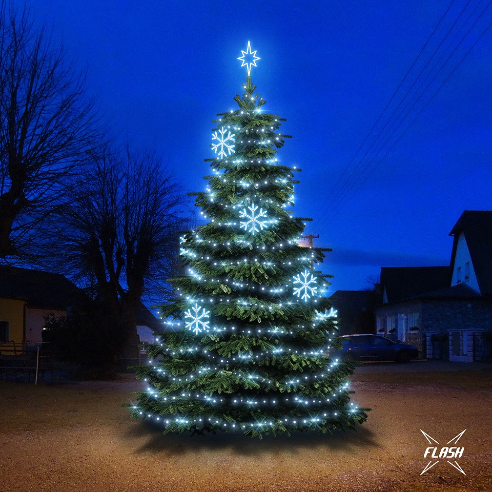 LED fényszett 6-8 m magas karácsonyfához, jeges fehér, villanófénnyel, dekorációval DZX0EFD01