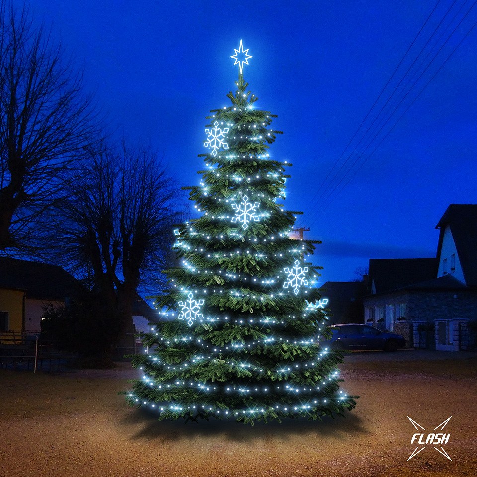 LED fényszett 6-8 m magas karácsonyfához, jeges fehér, villanófénnyel, dekorációval DZX0EFD05