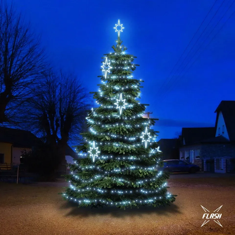 LED-es fénykészlet 6–8 m magas fákhoz, jégfehér, villogó funkcióval, DZX0141S2 díszekkel