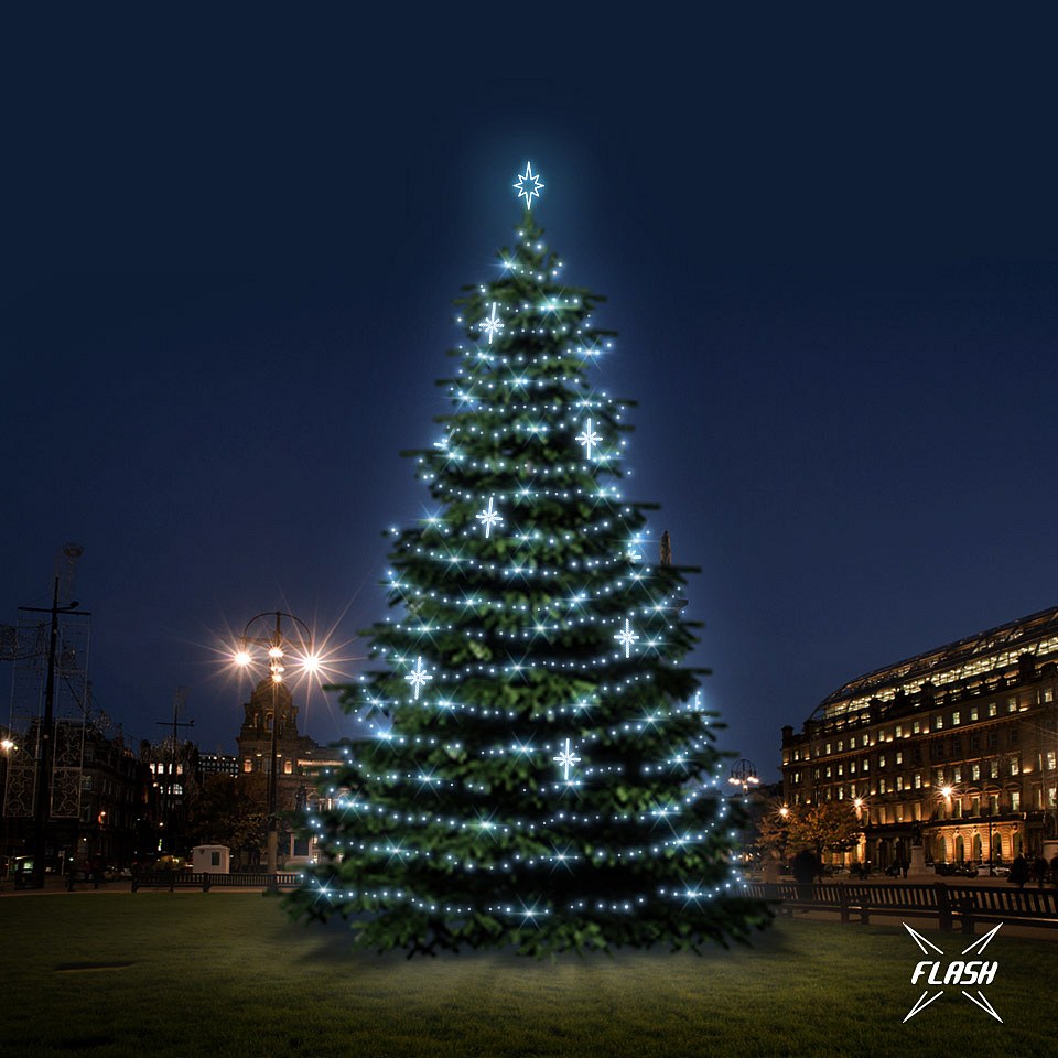 LED fényszett karácsonyfához 12-14 m magas, jégfehér, villanófénnyel, díszek DZ113S3