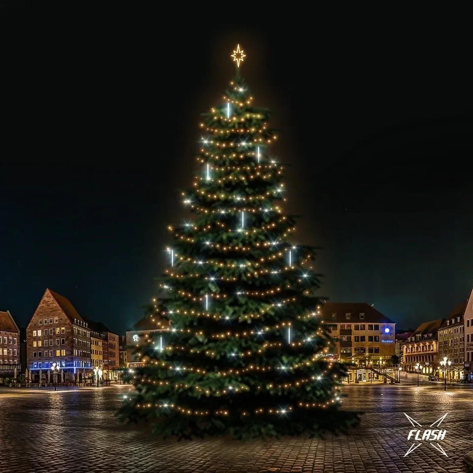 LED fényszett 21-23 m magas karácsonyfához, meleg fehér, villanófénnyel, hóeséssel