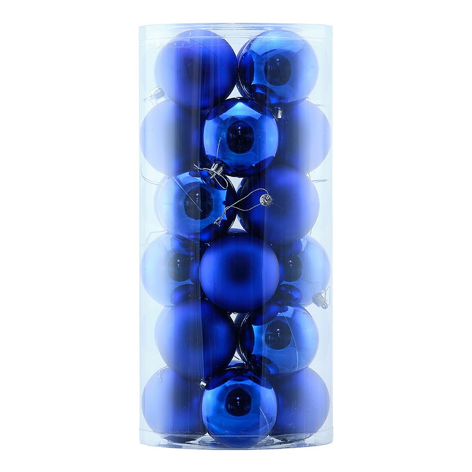 Karácsonyi dekorációs készlet kék 8 cm-es műanyag gömbök, 12× fényes, 12× matt