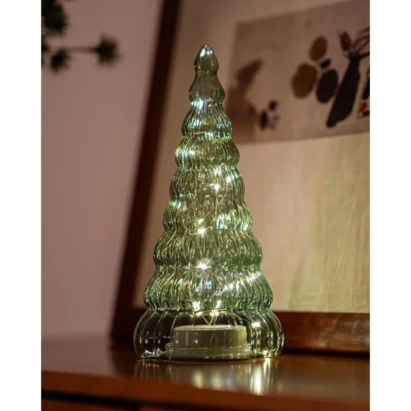 _Letöltött LED-es fényfa, üveg, zöld, 30 cm, 30 cm