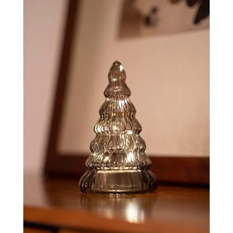 _Letöltött LED-es fényfa, üveg, barna,16,5 cm