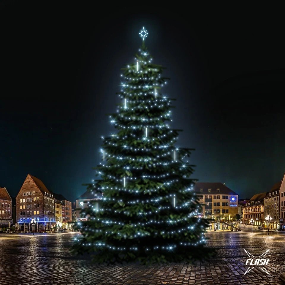 LED fa fényszett 21-23m magas, jeges fehér, villanófénnyel, hóeséssel