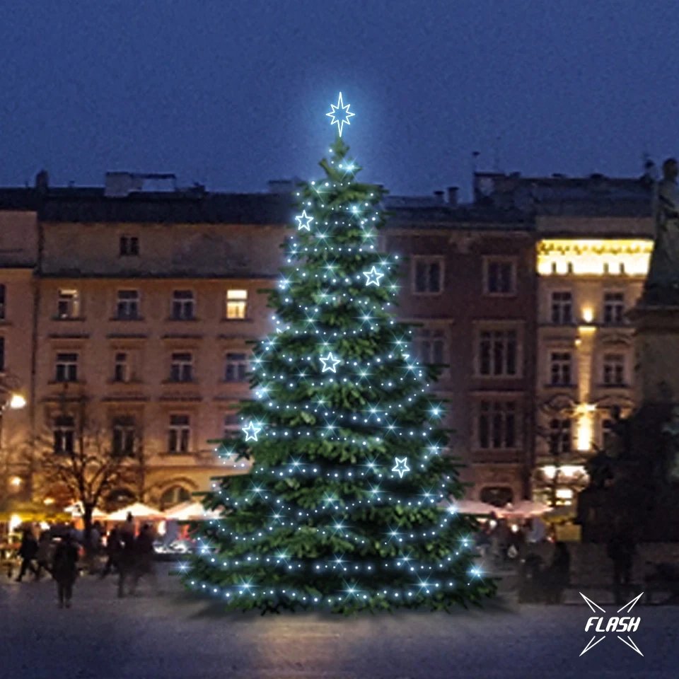 LED fényszett 9-11m magas fákhoz, jeges fehér, villanófénnyel, EFD11 dekorációval