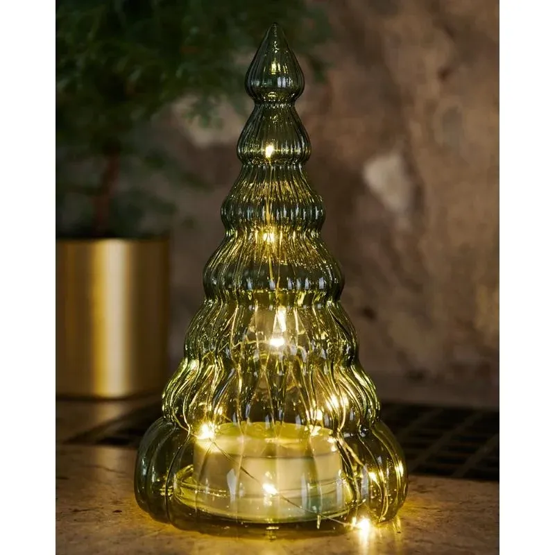 _Letöltött LED-es fényfa, üveg, zöld, 23,5 cm
