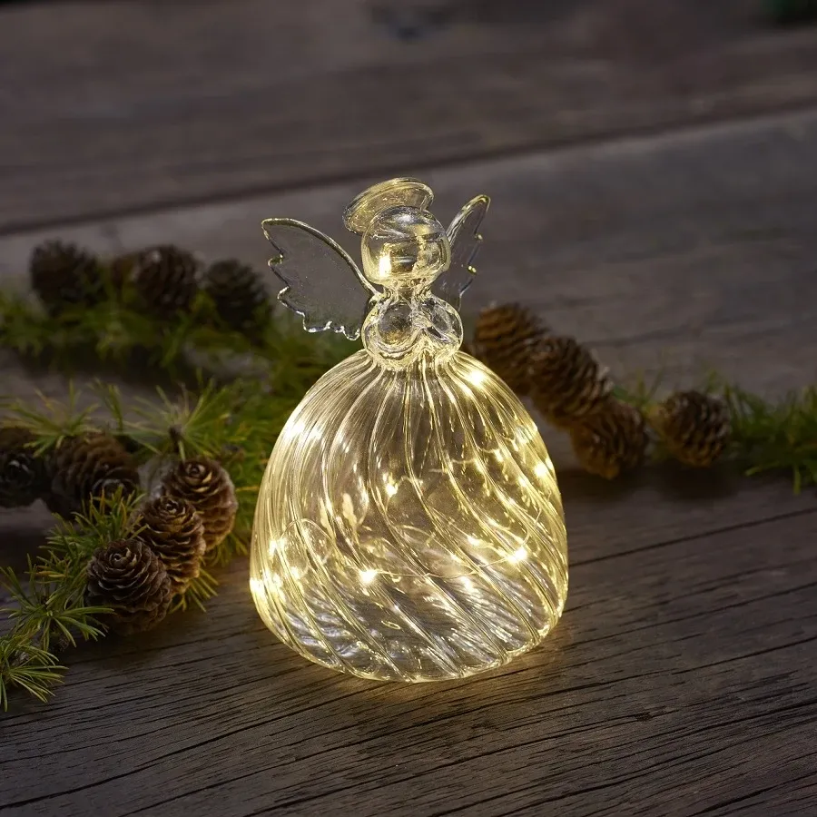 _Letöltött LED fényű üveg angyal, 13cm, átlátszó